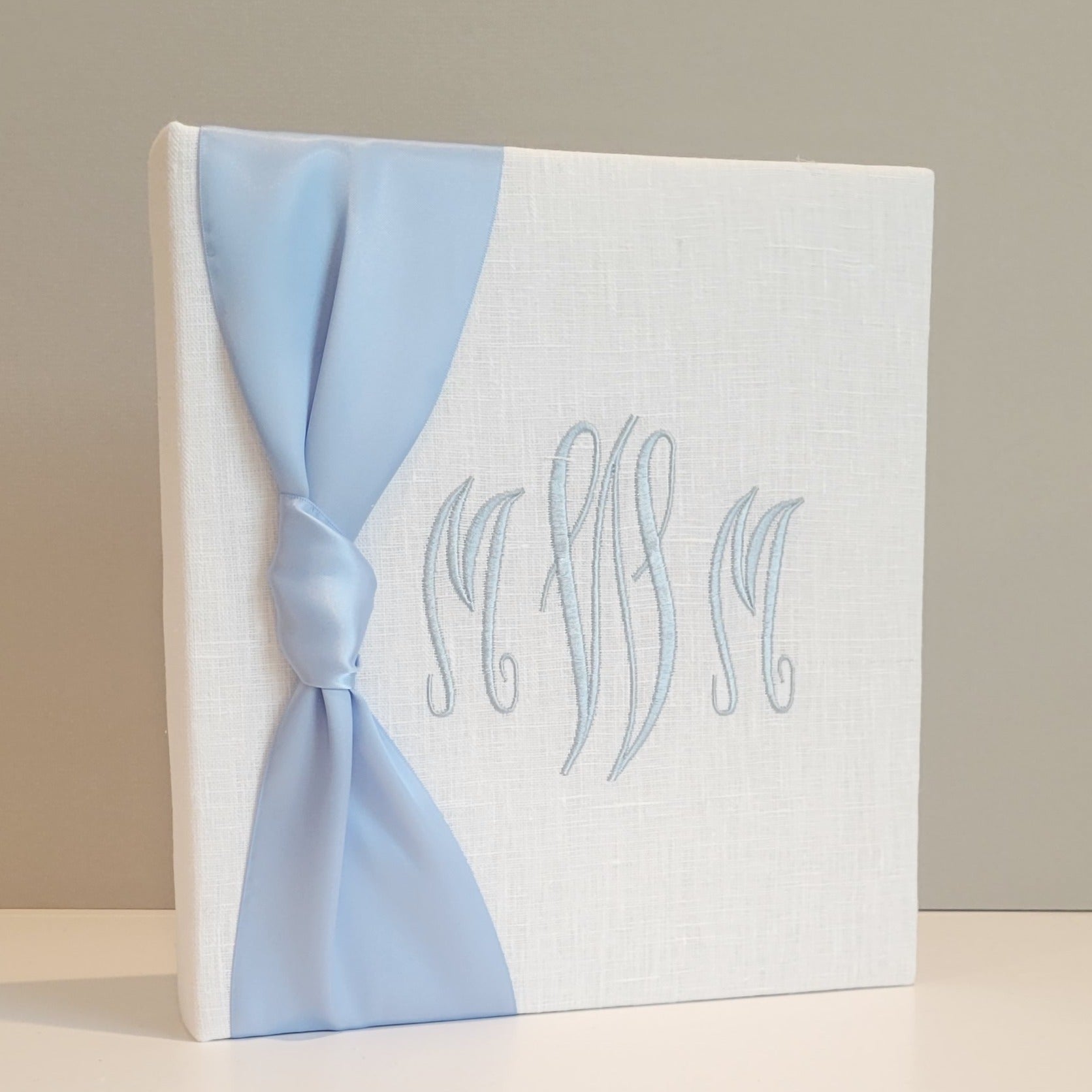 White linen handmade baby memory book with satin bow by AP Creations