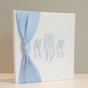 White linen handmade baby memory book with satin bow by AP Creations
