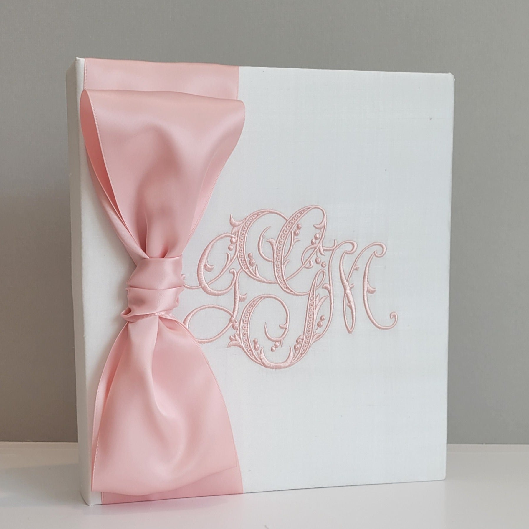 White silk handmade baby memory book with satin bow by AP Creations