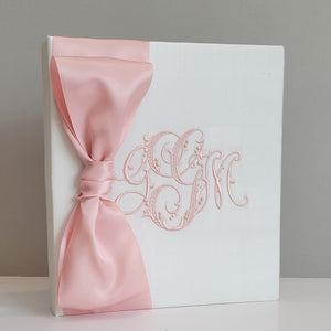 White silk handmade baby memory book with satin bow by AP Creations