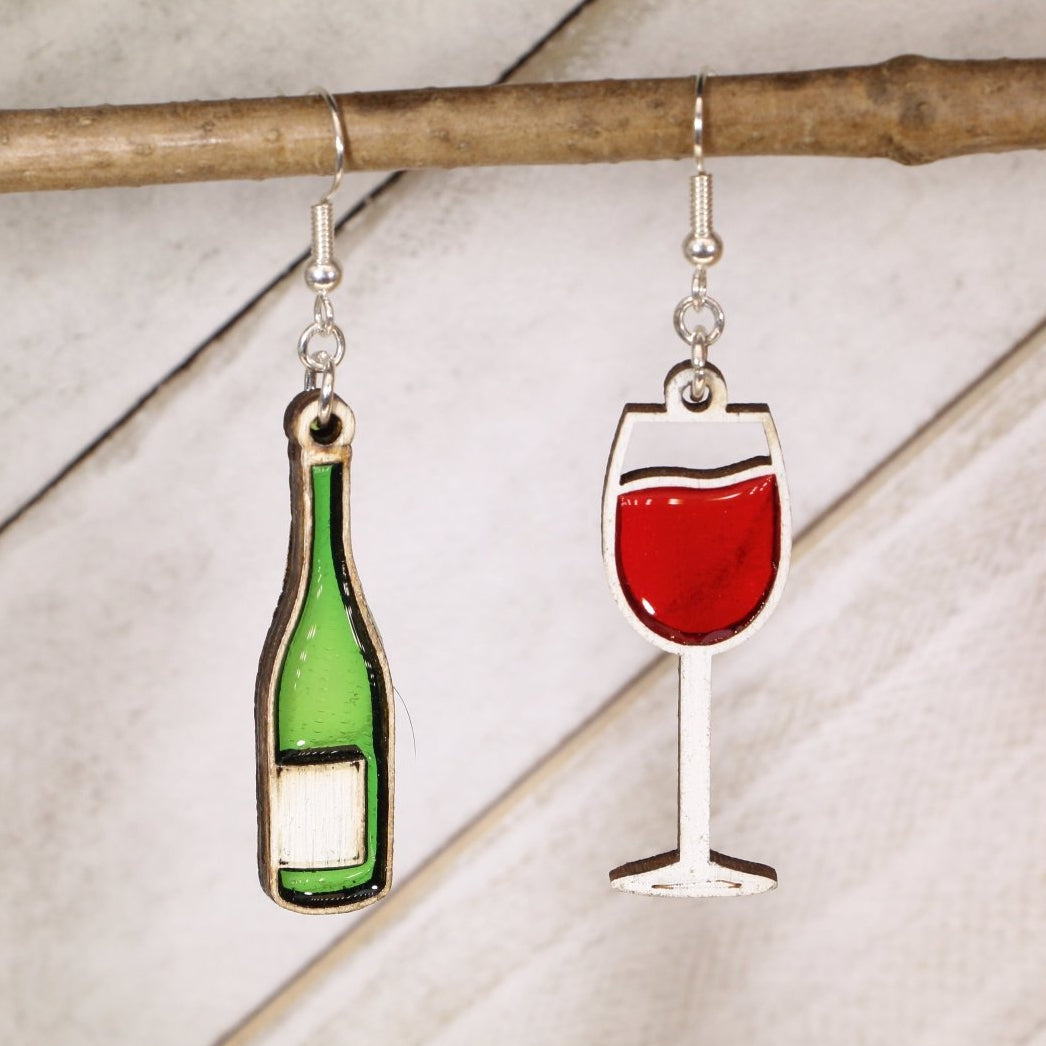 Wine Bottle and Glass Wooden Resin Dangle Earrings | Wine Lover Jewelry by Cate's Concepts, LLC, handmade jewelry main product photo