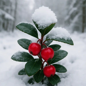 Wintergreen plant with red berries and snow-covered leaves in winter setting.
