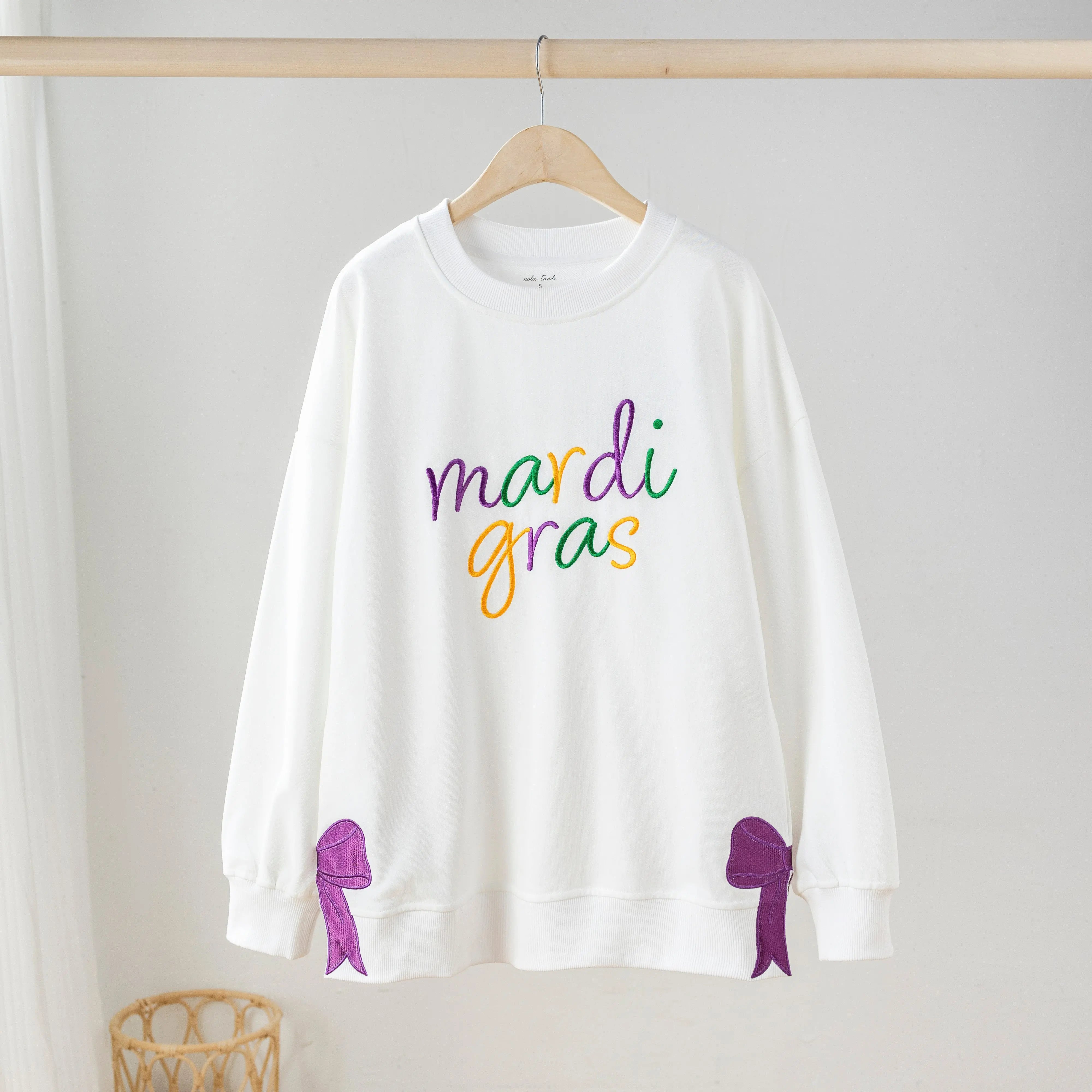 Women's Mardi Gras Sweatshirt With Side Bow by Nola Tawk, Southern lifestyle apparel main product photo