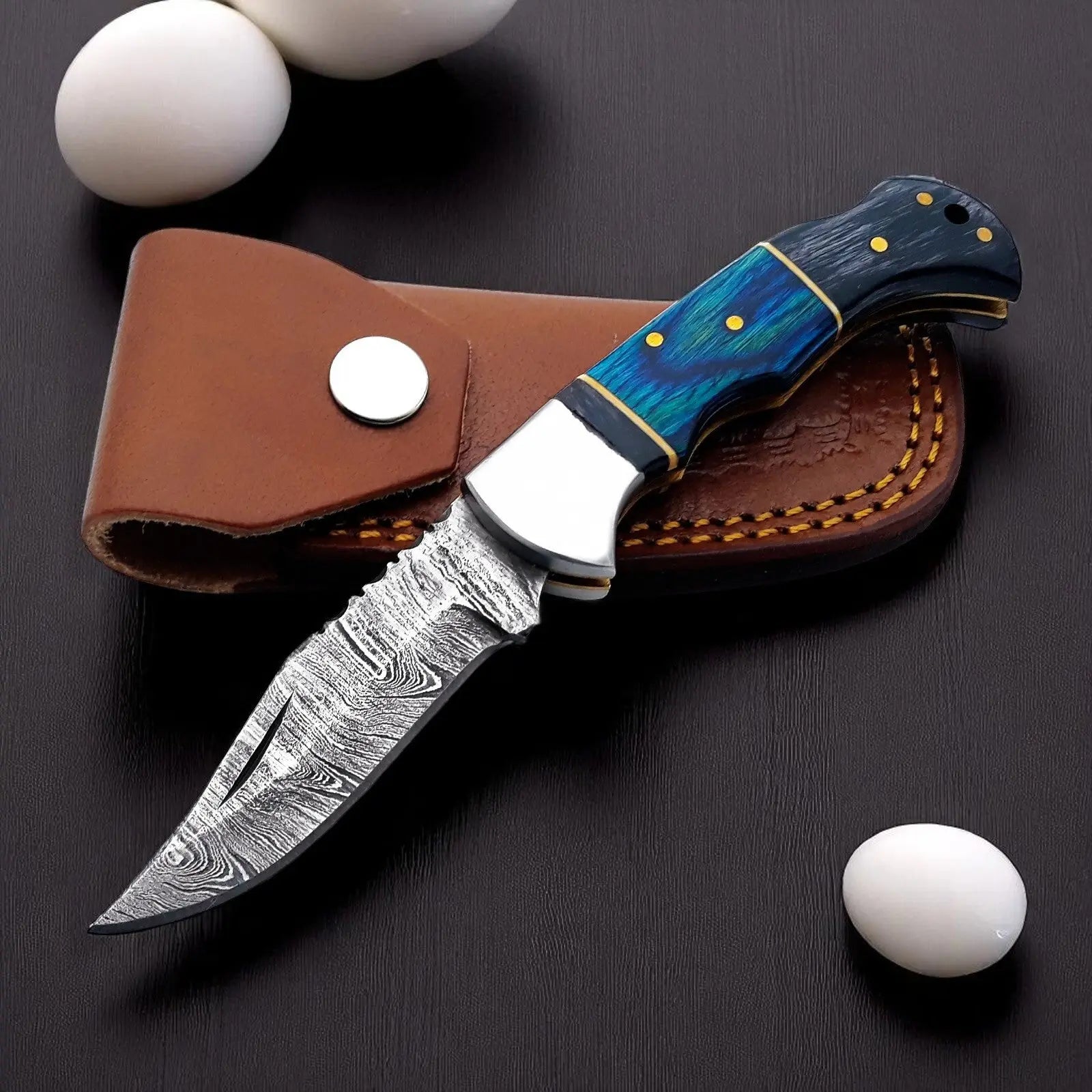 Wood Handle Folding Knife | Back Lock by Damascus Knife Store, Damascus knife main product photo