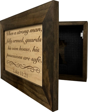 Luke 11:21 Wall Gun Safe - Religious Hidden Gun Safe - Handcrafted Concealment Furniture for Guns - Quick Access Firearm Storage with Magnetic Lock - Hidden Shelf Safe