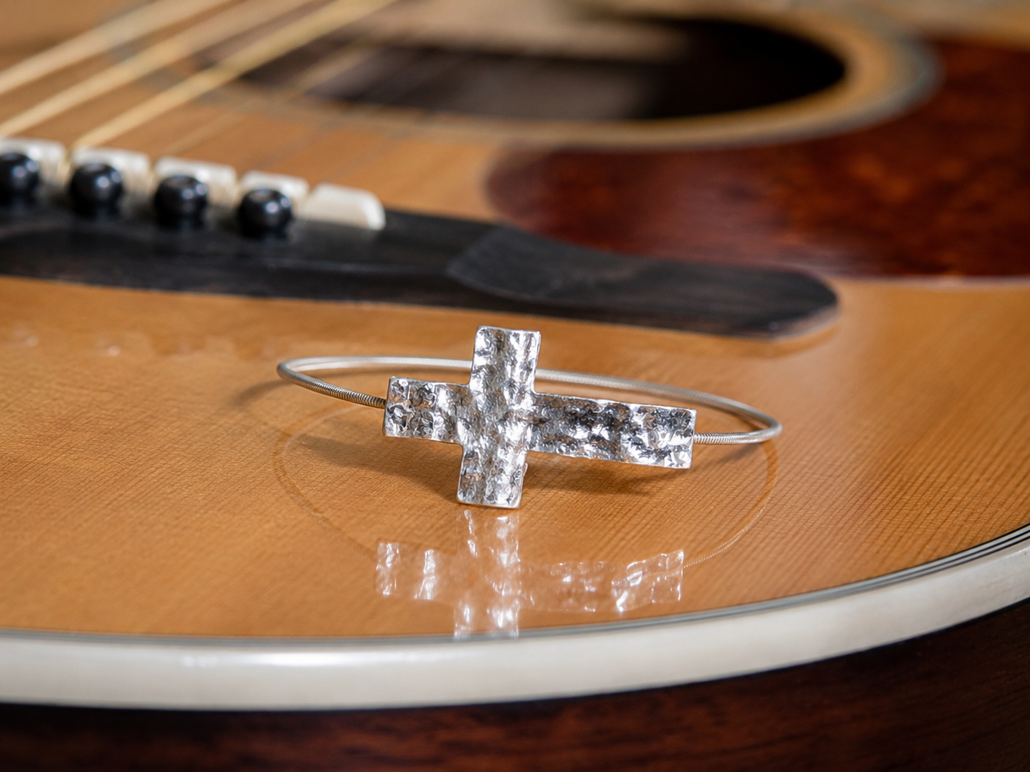 Silver Hammered Cross Guitar String Bracelet