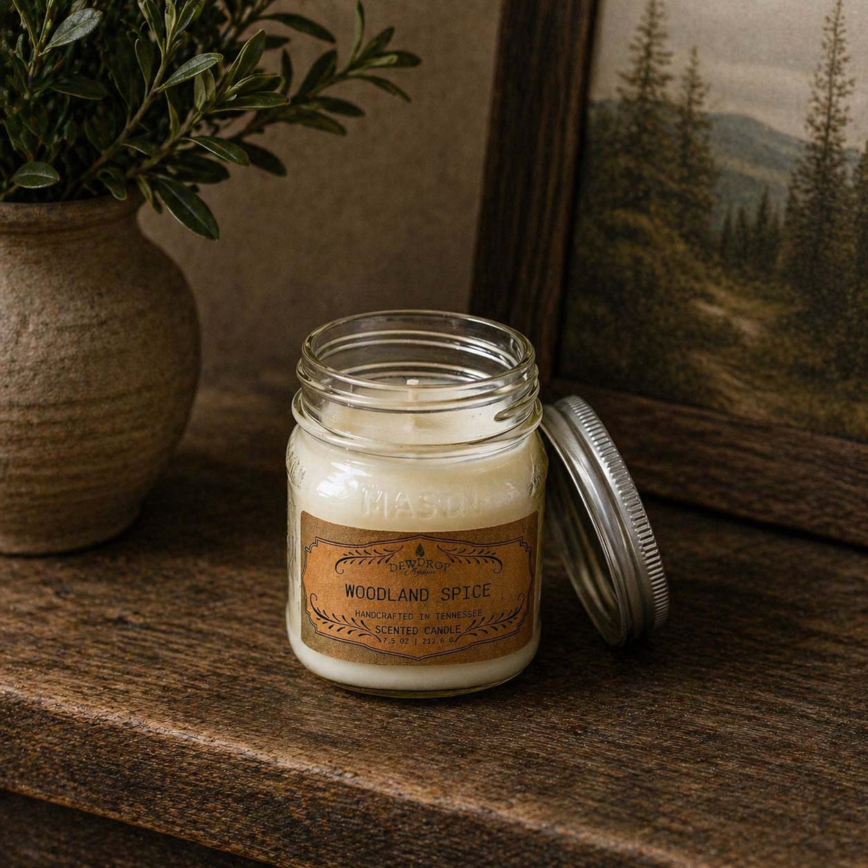 Woodland Spice 7.5oz Candle by Dewdrop Mystique LLC, Southern food gift main product photo