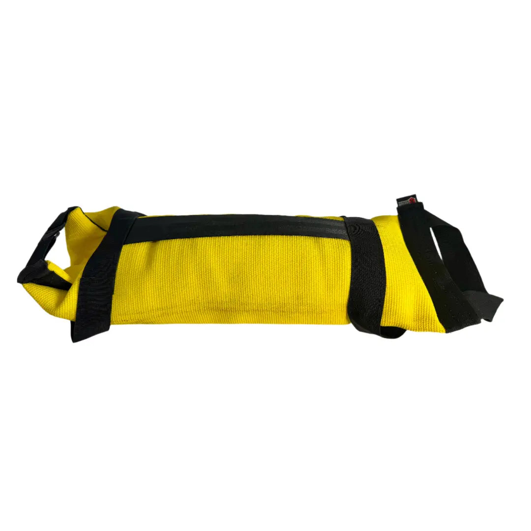 Yellow workout battle bag made from recycled fire hose material.