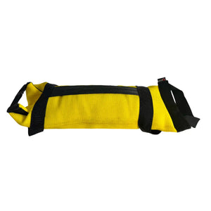 Yellow workout battle bag made from recycled fire hose material.