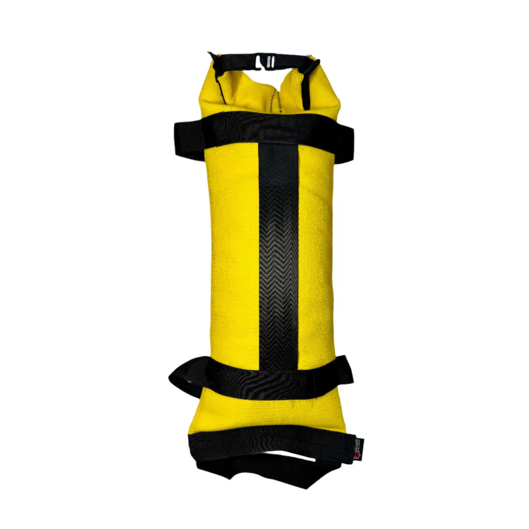 Yellow battle bag made from recycled fire hose material with black straps.