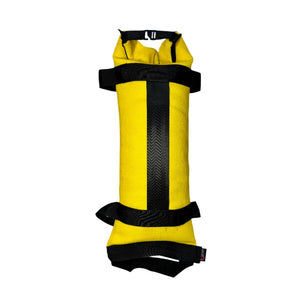 Yellow battle bag made from recycled fire hose material with black straps.