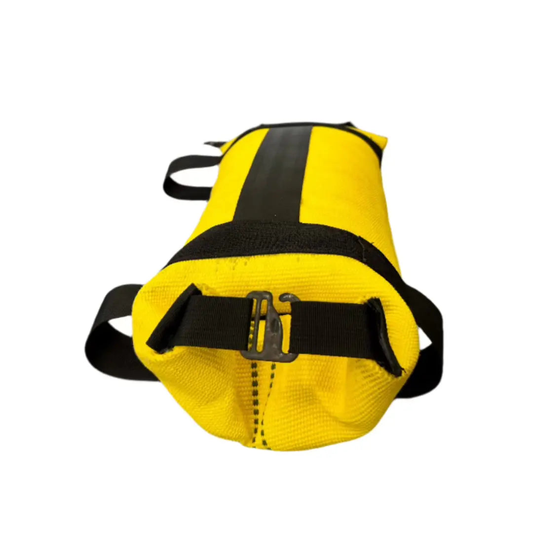 Yellow workout bag with black straps and buckle.
