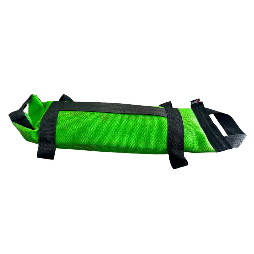 Green workout battle bag with black straps on a white background.