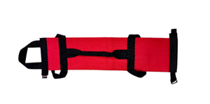 Red workout battle bag with black straps made from recycled fire hose