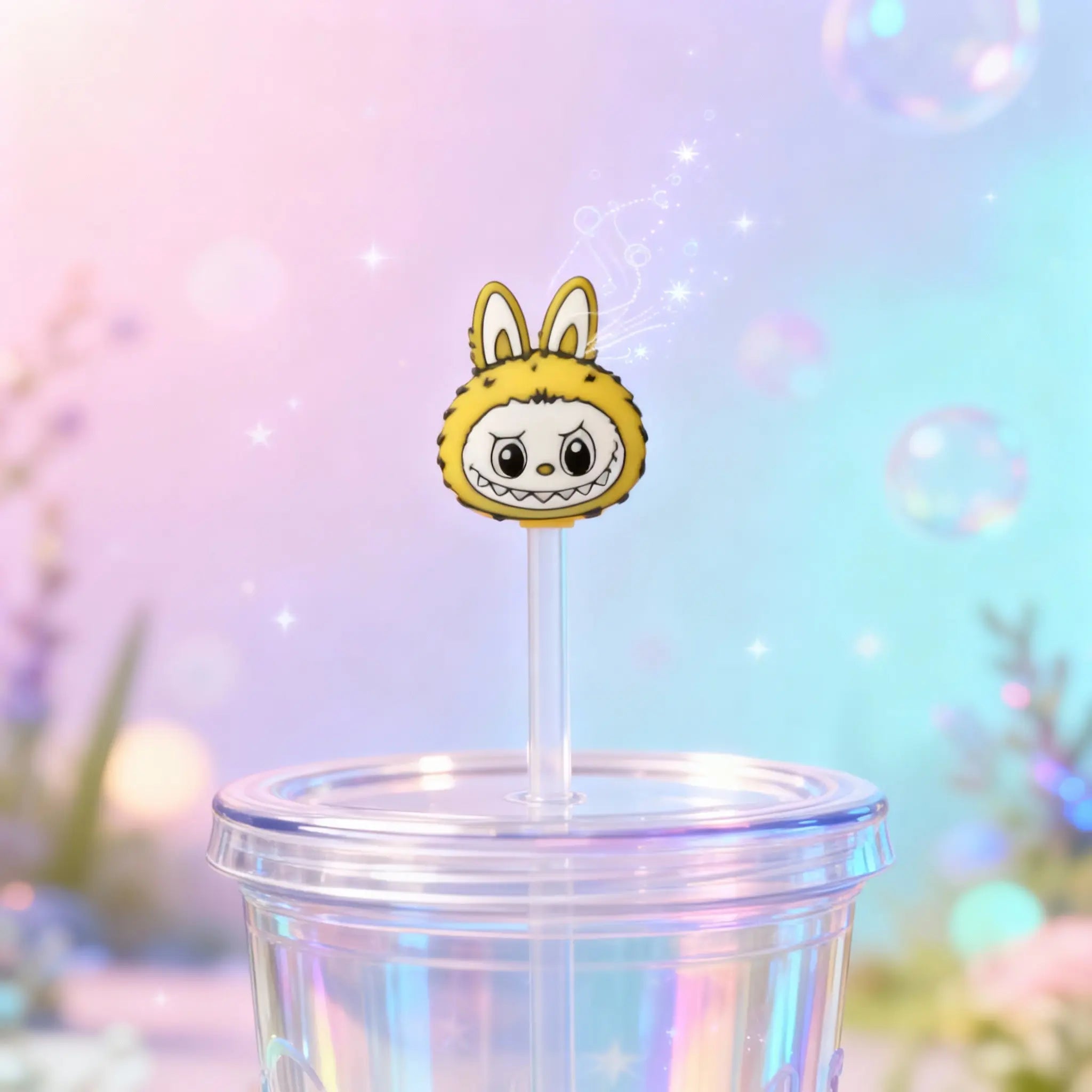 Yellow Labubu Monster Straw Topper - 3D Printed Cup Accessory by The Tween Space. Reusable Straw Charm for Parties & Gifts