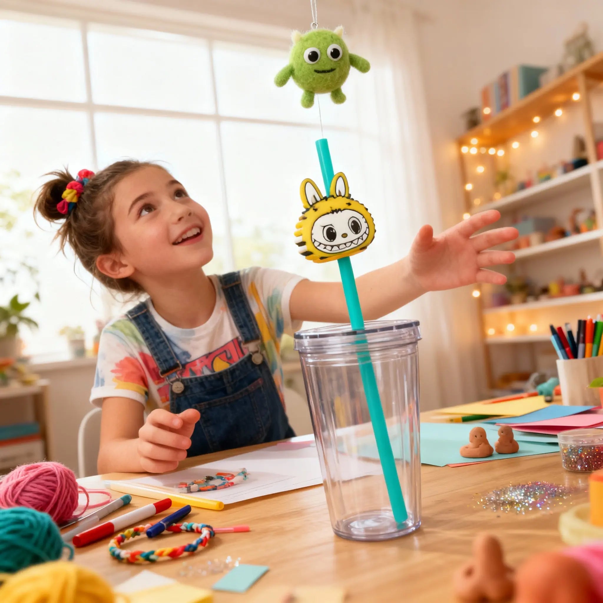 Girl reaches for Yellow Labubu Monster Straw Topper on reusable straw in a cup, 3D Printed, Handmade by Tween Space, Cup Accessory
