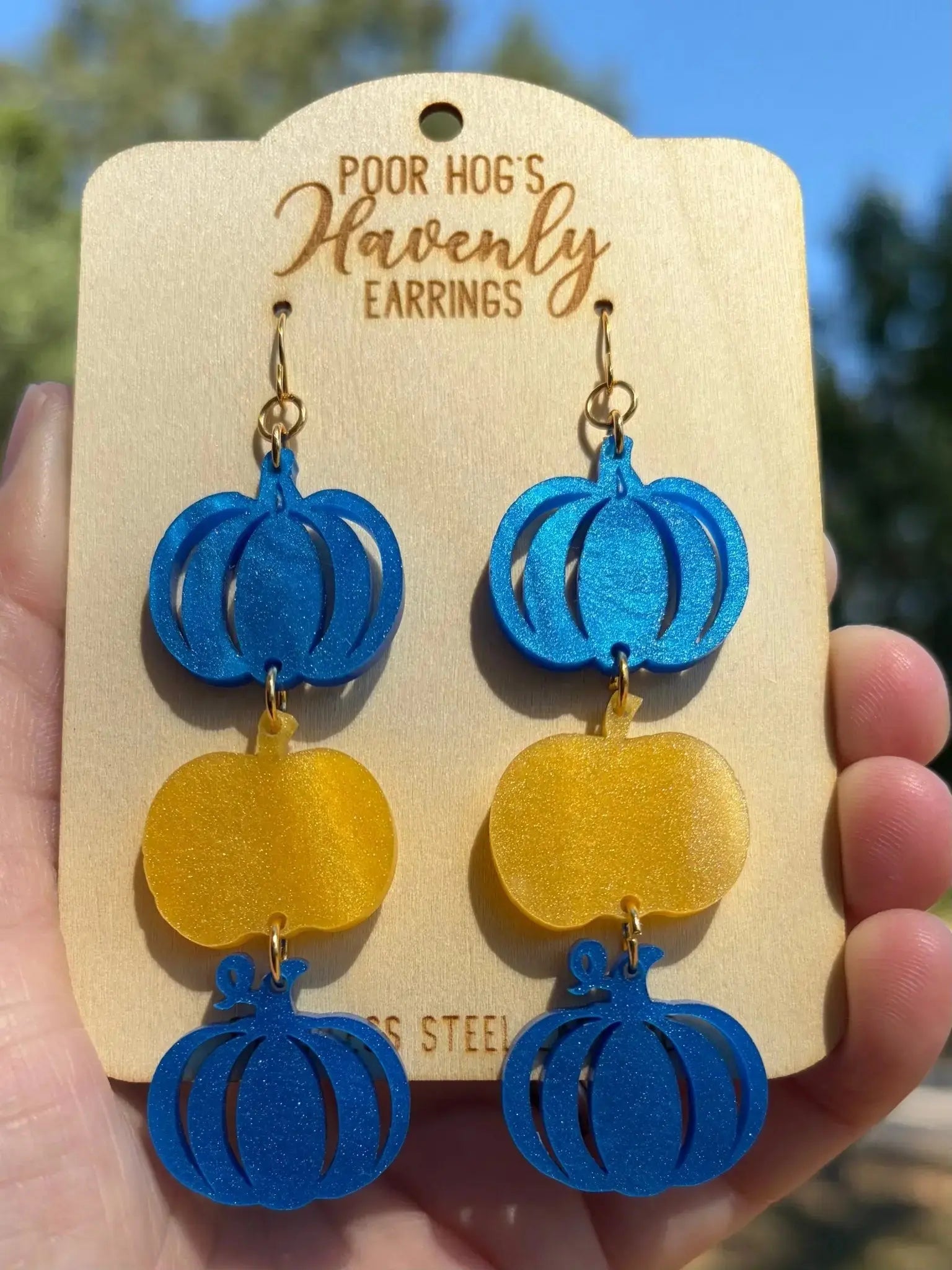 Blue Yellow Pumpkin Earrings, Down Syndrome Awareness Jewelry by Poor Hog Customs, handmade jewelry detail photo 4