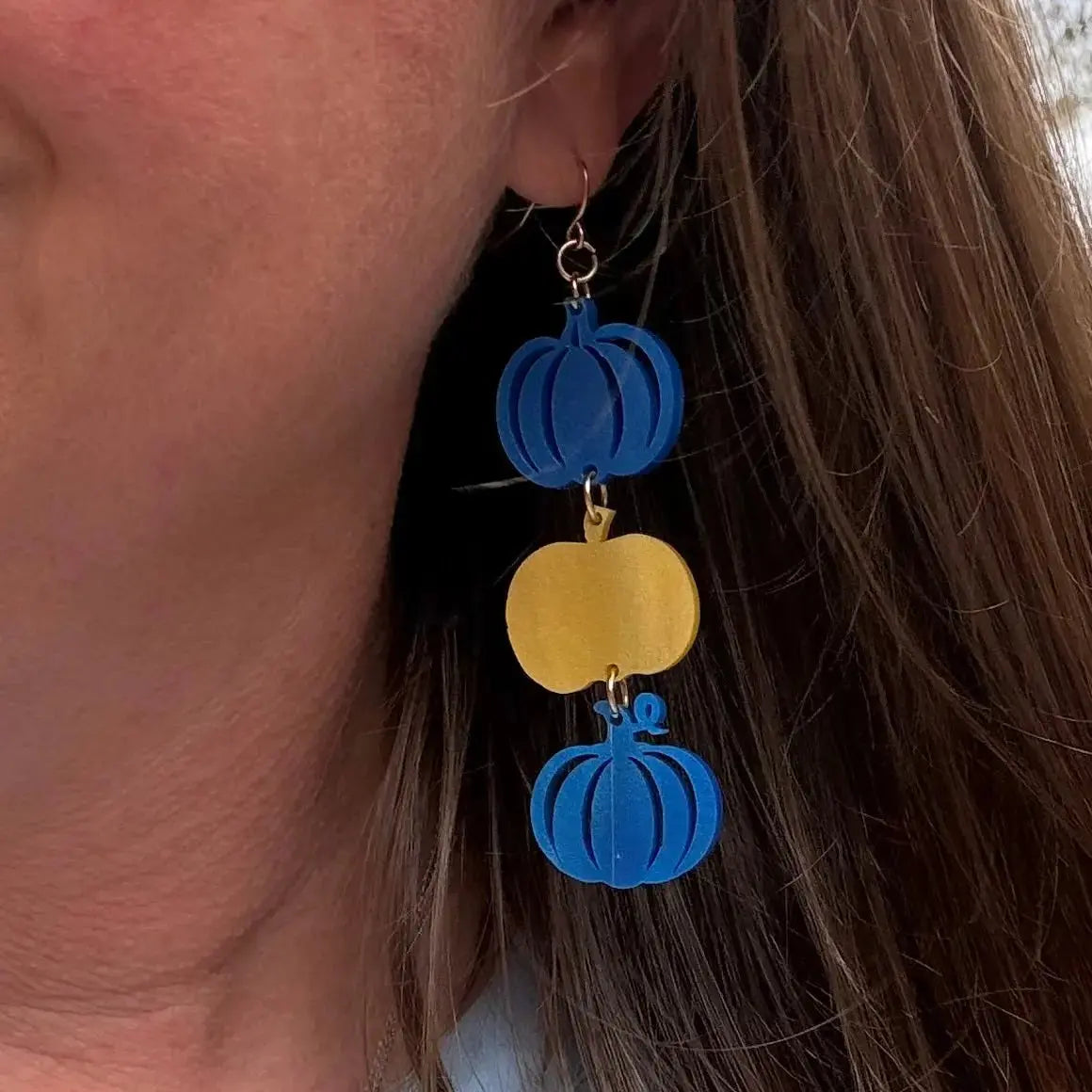 Blue Yellow Pumpkin Earrings, Down Syndrome Awareness Jewelry by Poor Hog Customs, handmade jewelry detail photo 2