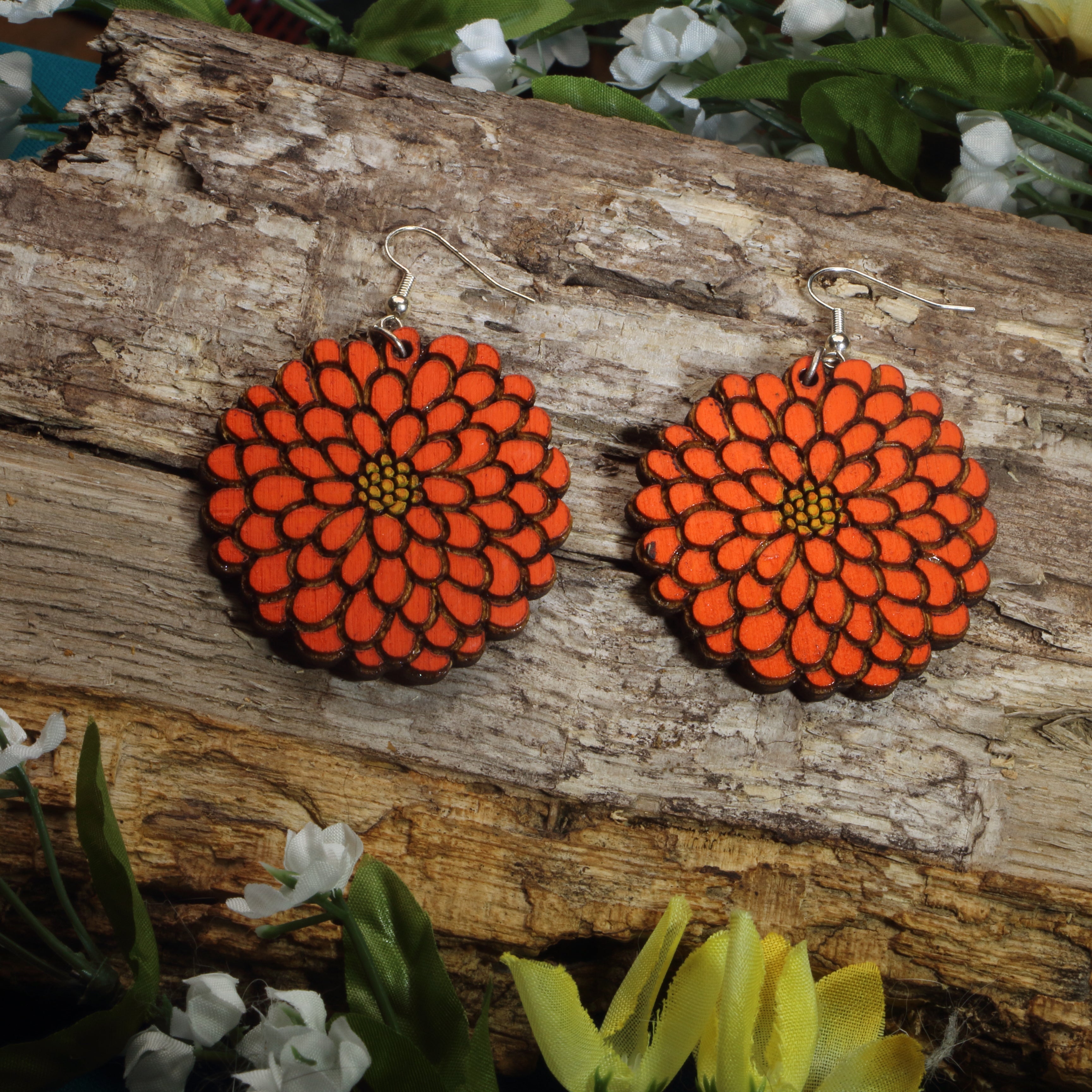 Zinnia Flower Wooden Earrings | Floral Garden Jewelry
