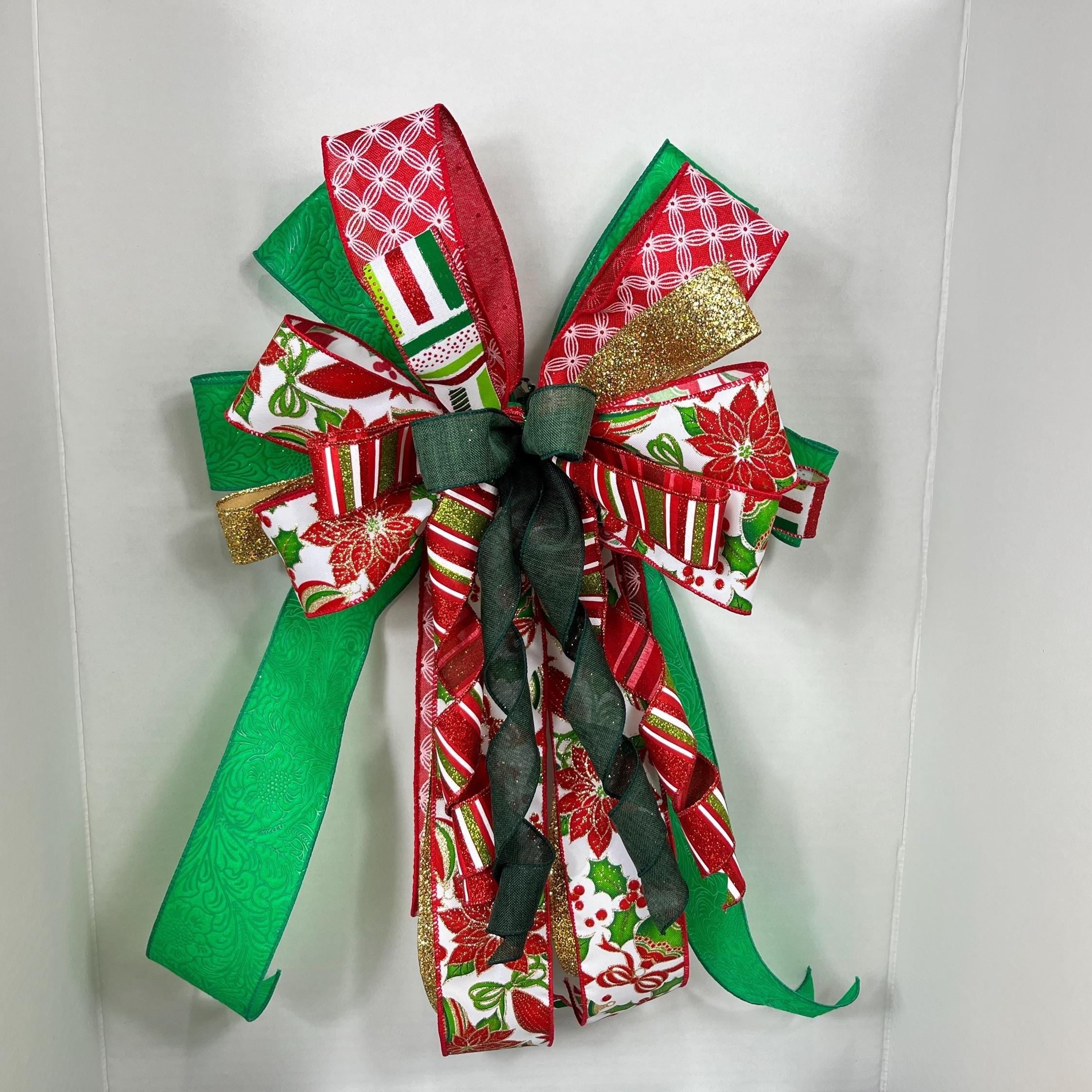 Christmas Poinsettia Bow | Red, Green & Gold Tree Topper by Bouge Creations, view 3