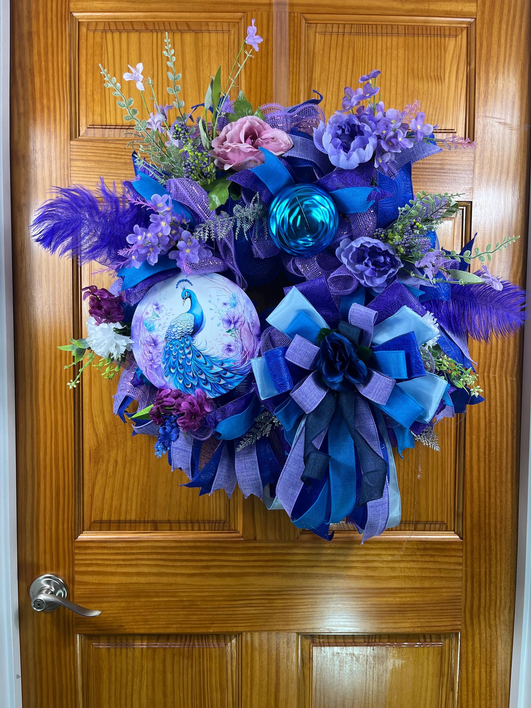 Peacock Wreath | Blue & Purple Deco Mesh Door Decor by Bouge Creations, view 4