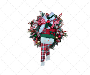 Snowman Christmas Wreath | Plaid Hat & Festive Ribbons handmade by Bouge Creations