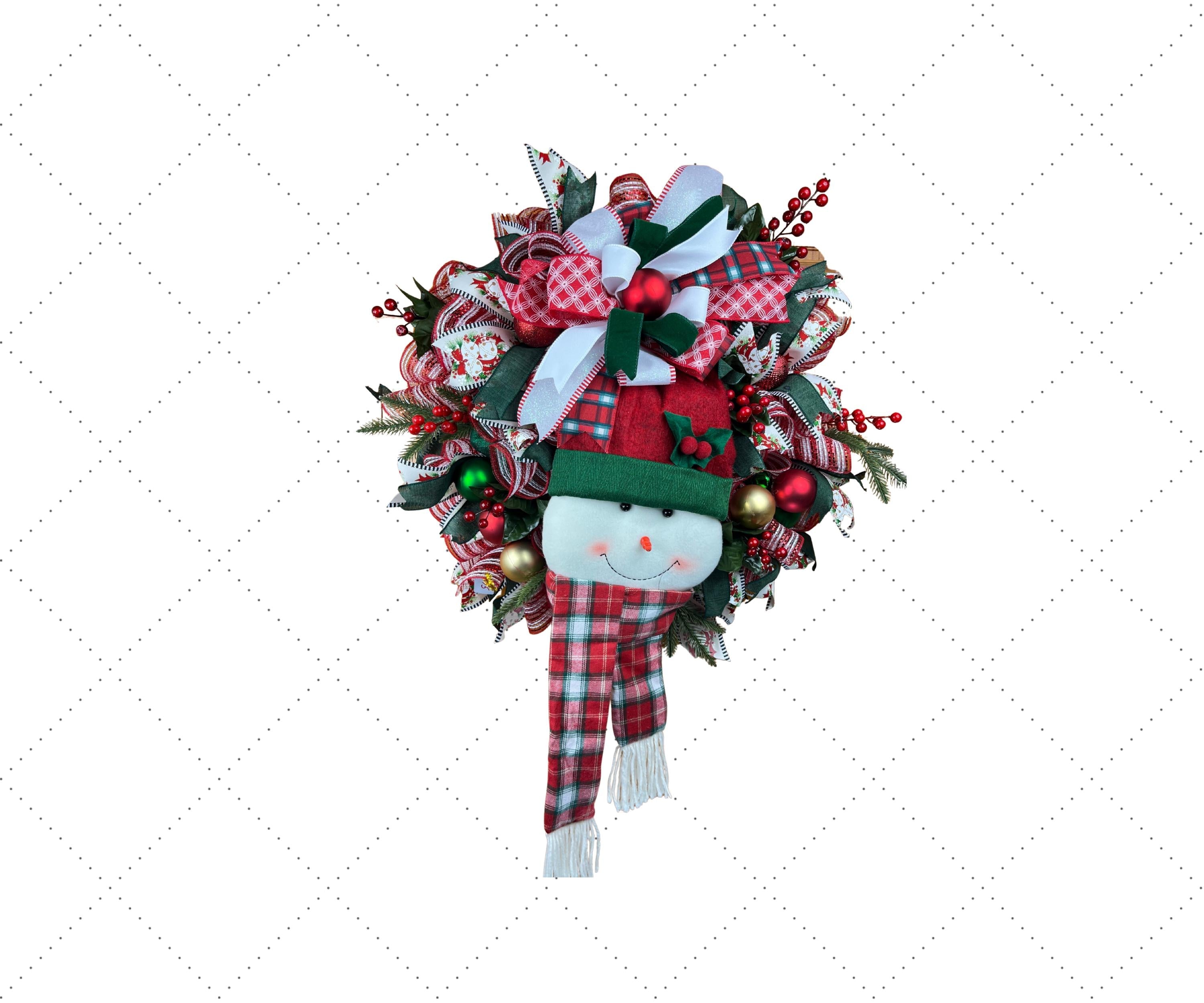 Snowman Christmas Wreath | Plaid Hat & Festive Ribbons handmade by Bouge Creations