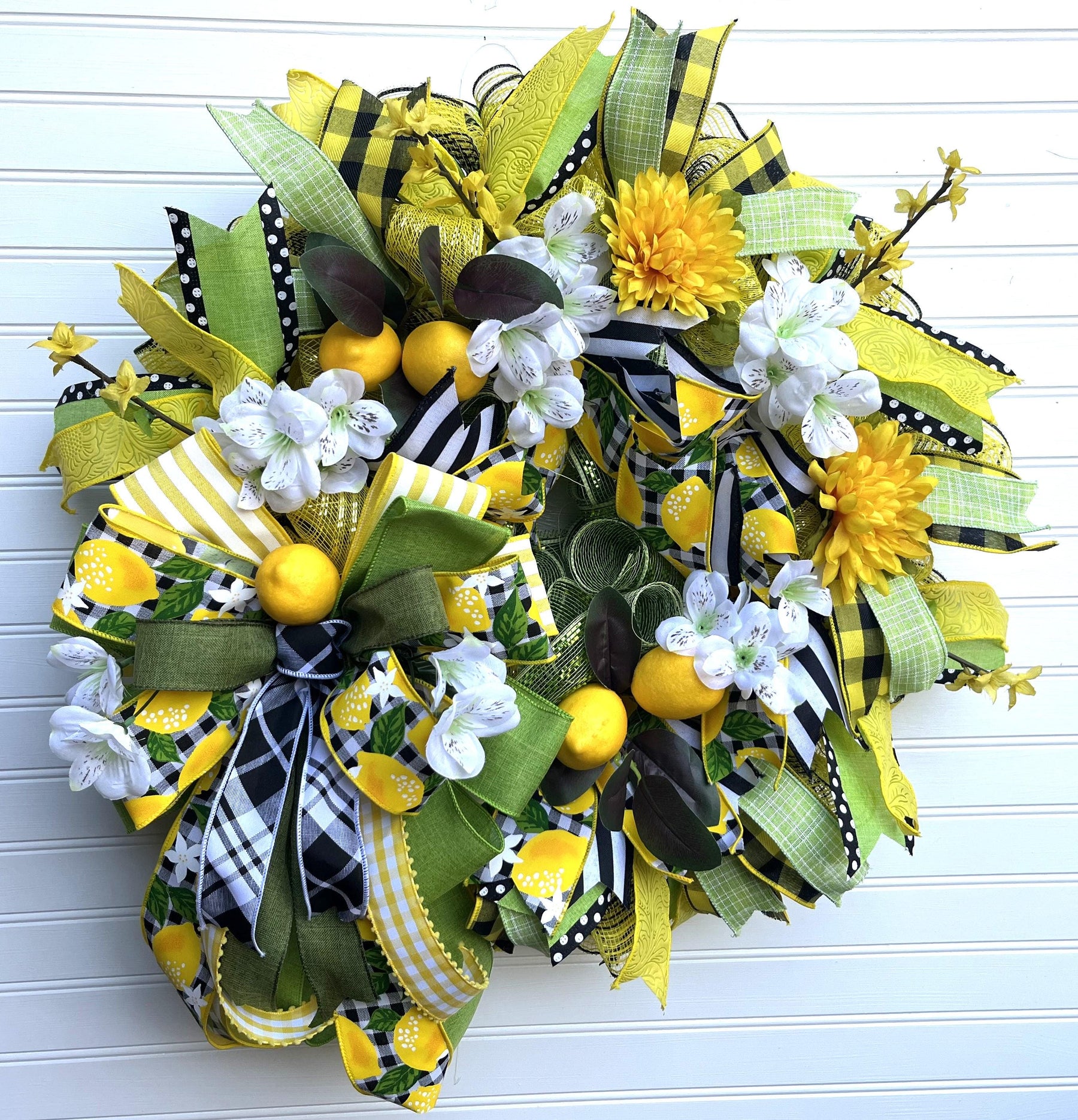 Lemon Front Door Wreath | Farmhouse Gingham Decor by Bouge Creations, view 2