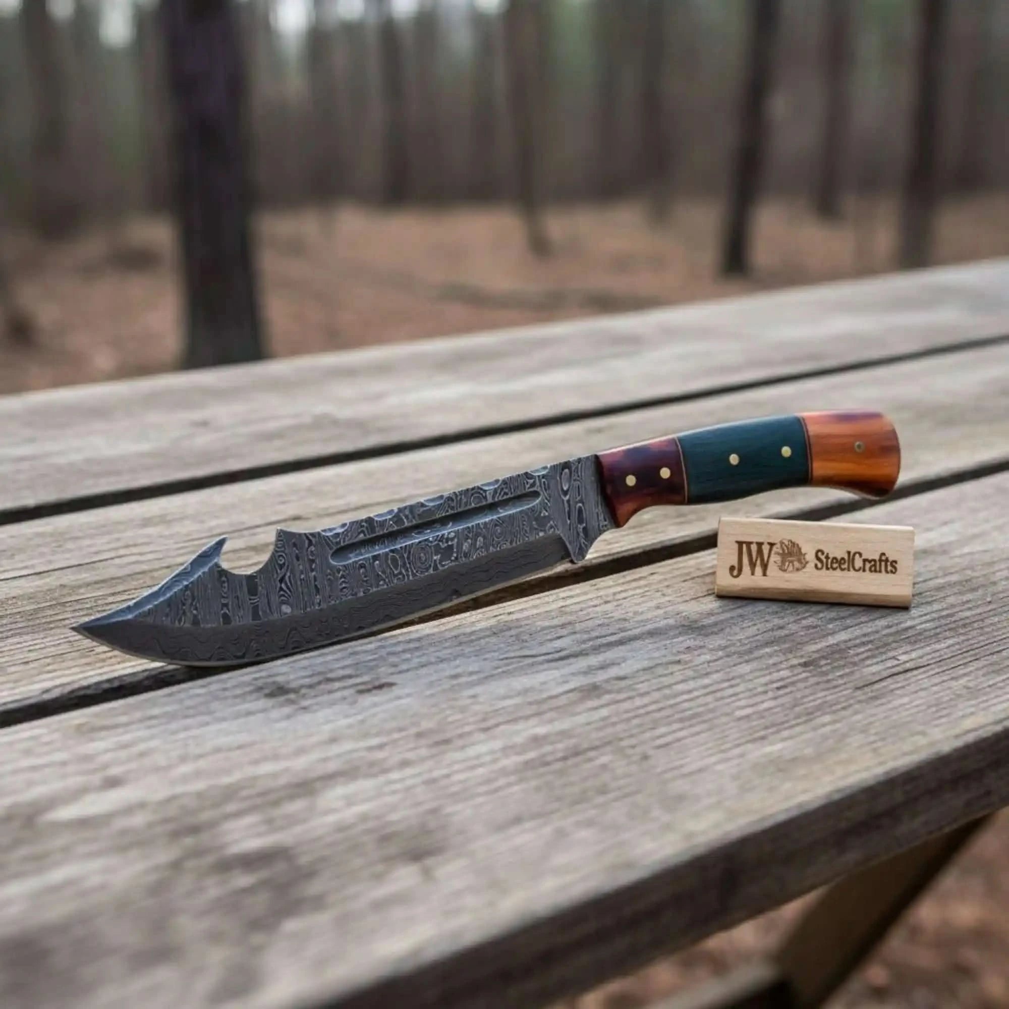 Handcrafted Damascus Harpoon Point Bowie Knife with Colored Bone Handle by JW SteelCrafts, Damascus knife main product photo