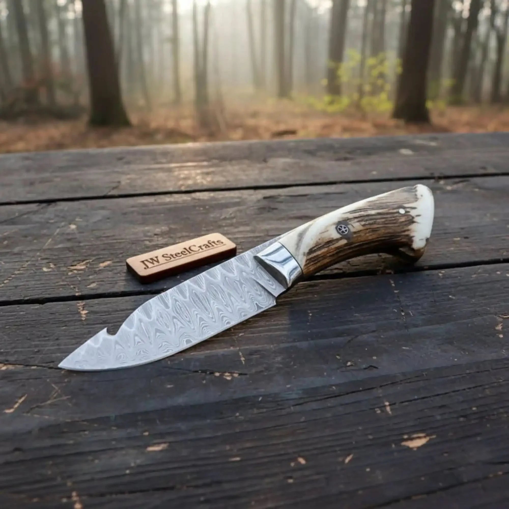 Handmade Damascus Gut Hook Skinner Knife With Deer Horn Handle by JW SteelCrafts, Damascus knife main product photo