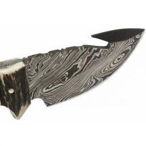 Damascus Steel Skinner Knife w/ Stag Handle and Gut Hook /Hunting Fixed Blade Knife
