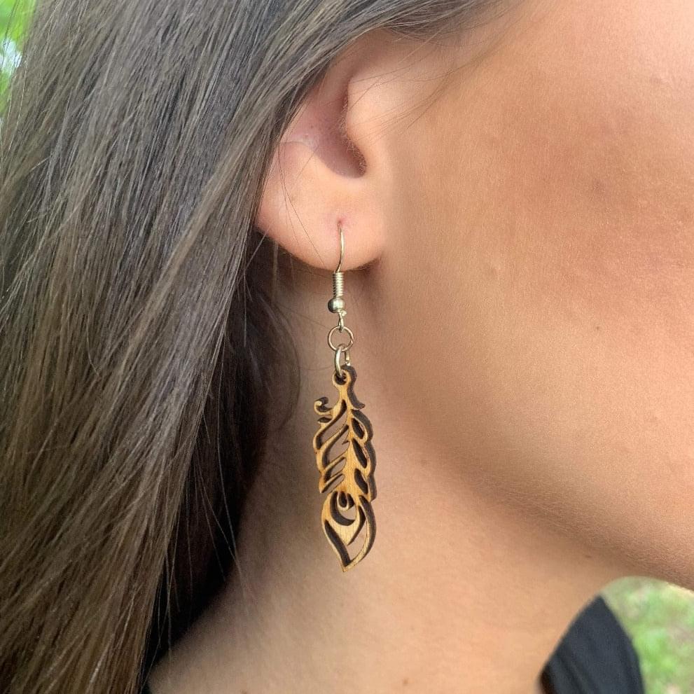 Art Nouveau Feather Wooden Dangle Earrings | Elegant Jewelry