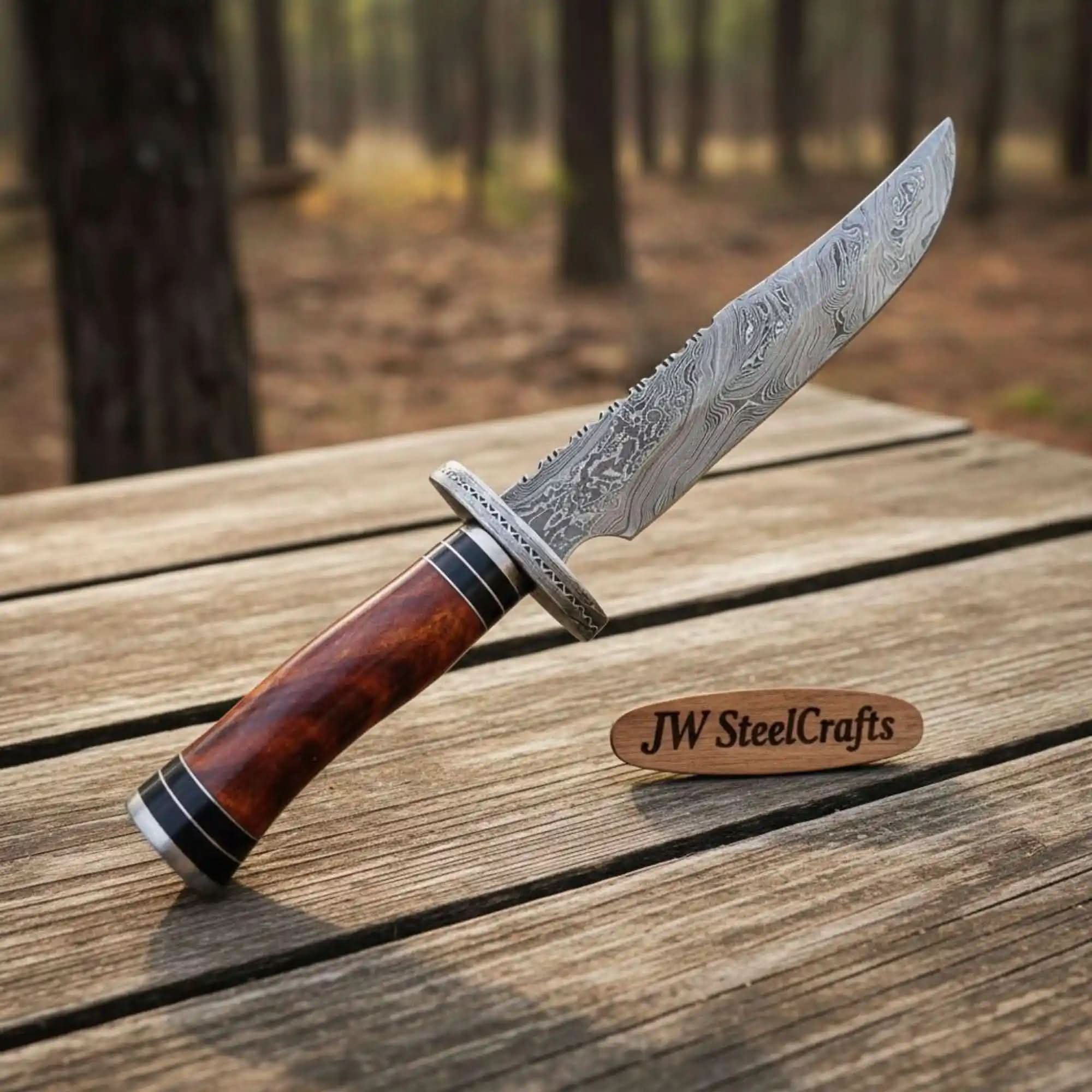 Handmade Clip Point Bowie Knife Forged Damascus Steel Fixed Blade by JW SteelCrafts by JW SteelCrafts, Damascus knife main product photo