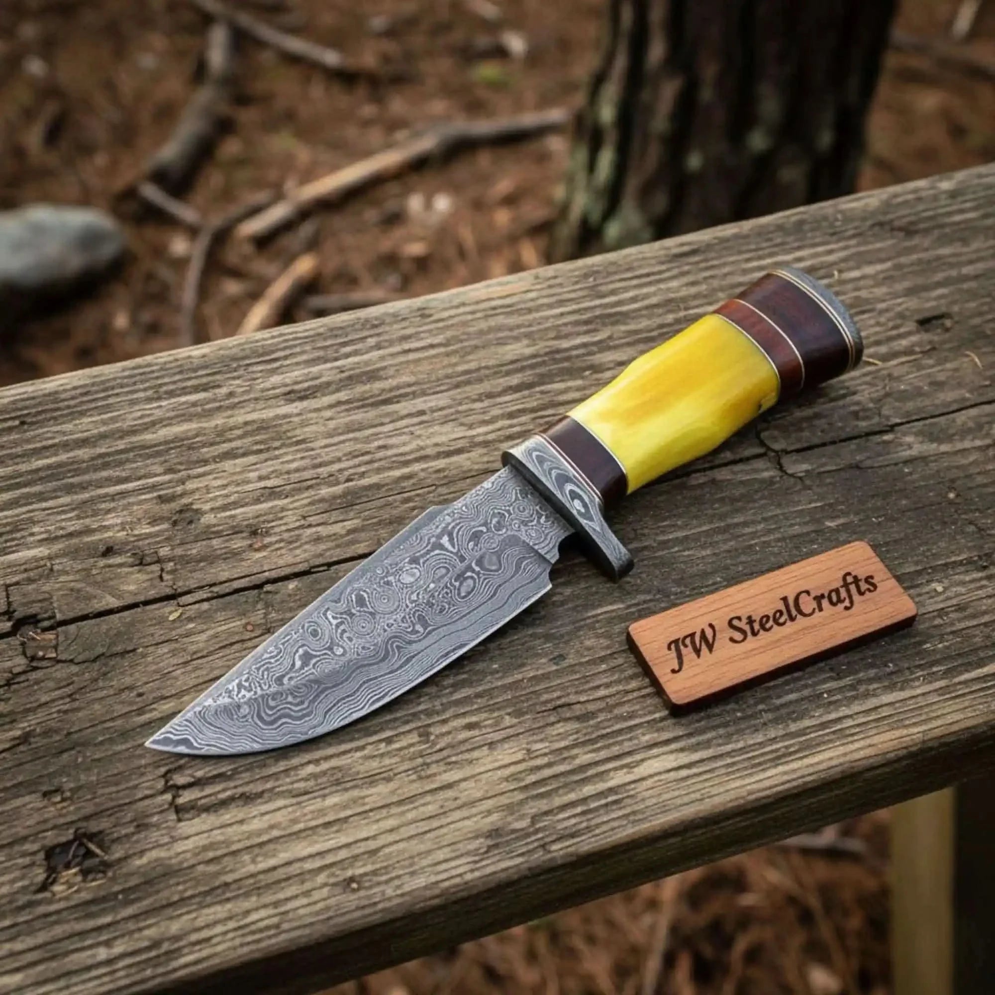 Frontier Clip Point Bowie Knife, Forged Damascus Steel with Colored Bone & Wood Spacer Handle by JW SteelCrafts, Damascus knife detail photo 2