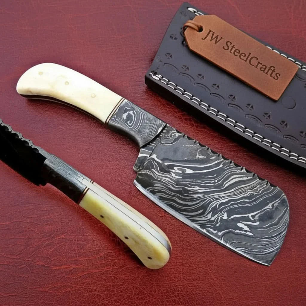 7-Inch Compact Damascus Mini Cleaver — Fire Pattern Blade, Camel Bone Handle, Steel Bolster & Leather Sheath | JW Steel Crafts by JW SteelCrafts, leather knife sheath main