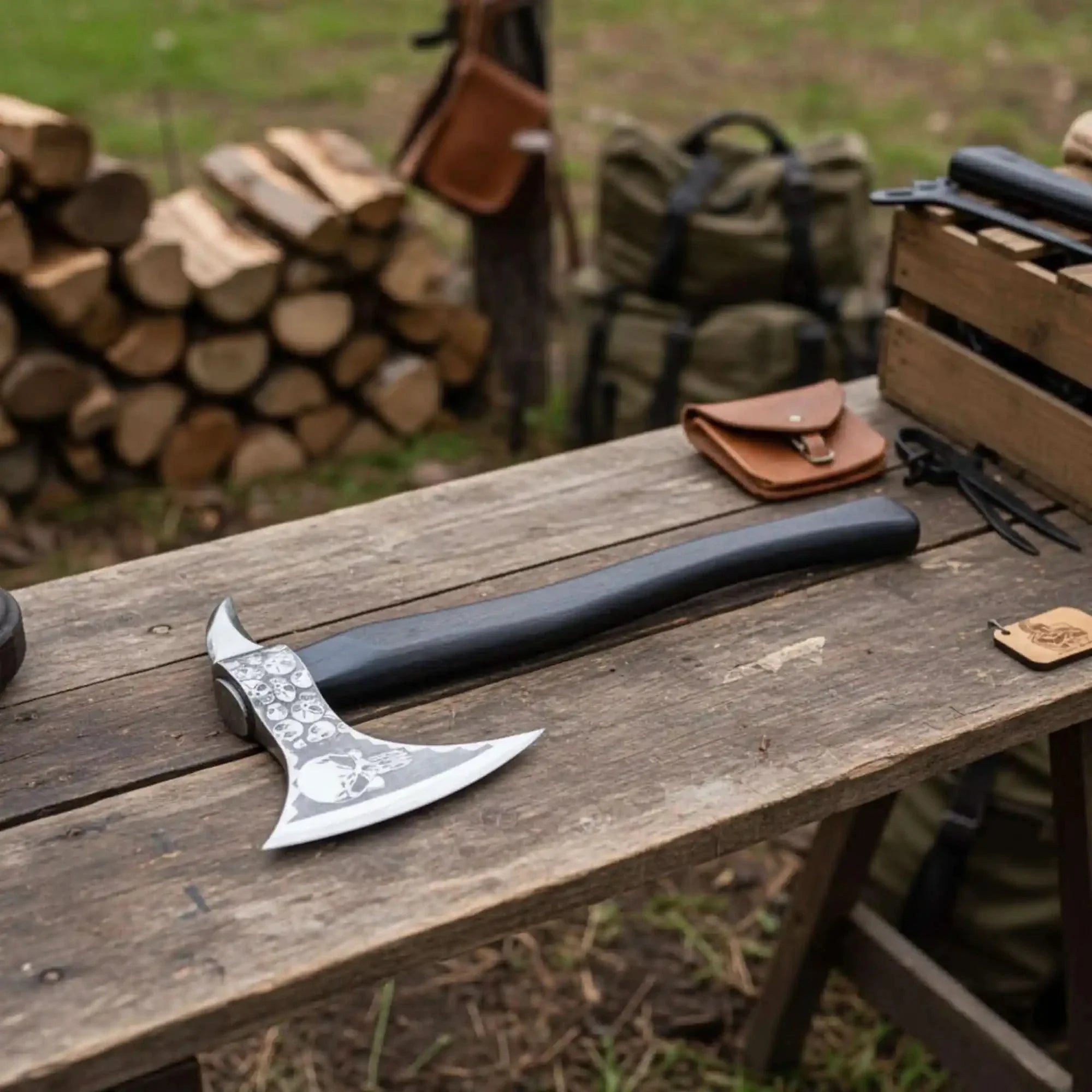 Hand-finished Bearded Axe – Detailed Etched Steel Head with Minimalist Black Handle by JW SteelCrafts, Southern lifestyle apparel detail photo 2