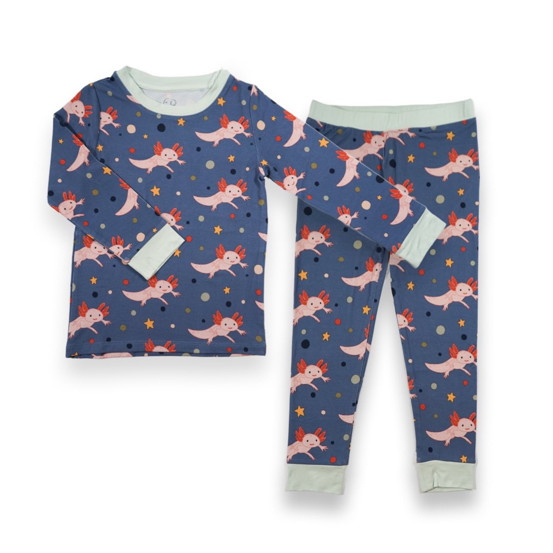Axolotl bamboo two piece pajamas for kids with hand drawn animal print