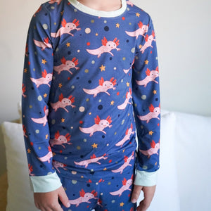 Additional view of Axolotl bamboo two piece pajamas for kids with hand drawn animal print