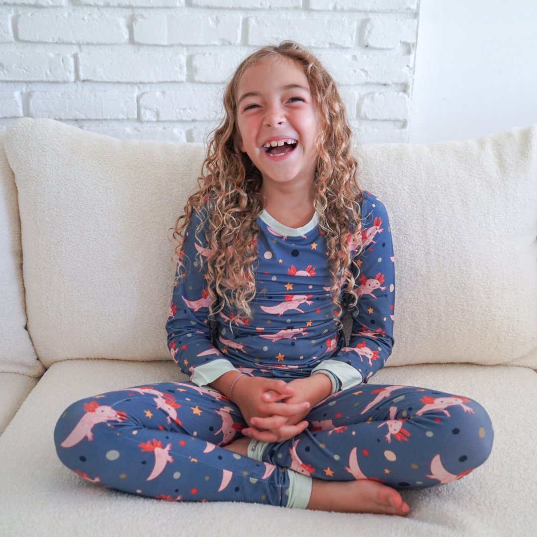 Additional view of Axolotl bamboo two piece pajamas for kids with hand drawn animal print