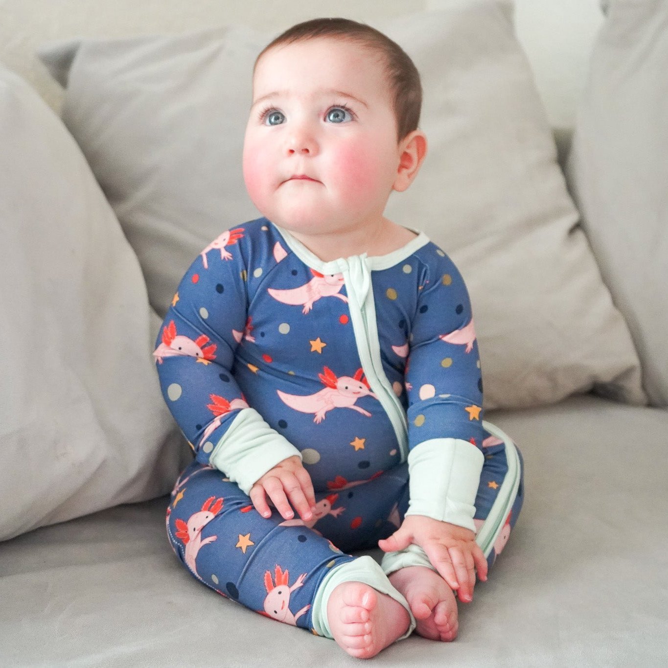 Axolotl bamboo baby zip pajamas with hand drawn animal print