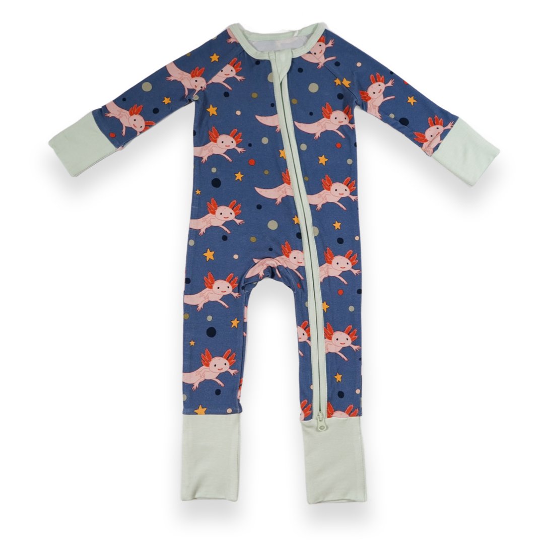 Additional view of Axolotl bamboo baby zip pajamas with hand drawn animal print