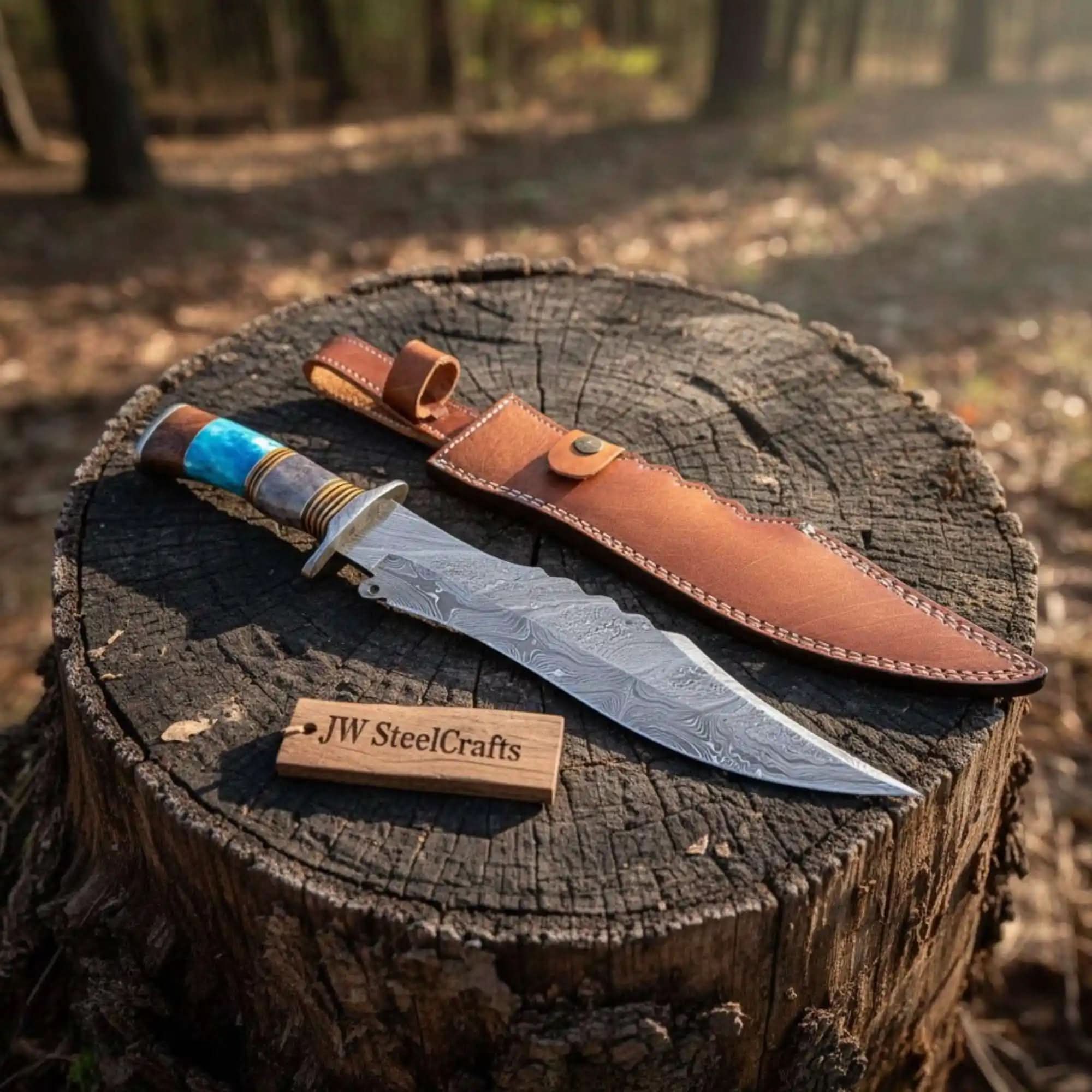 Handmade Damascus Clip Point Bowie Knife Stacked Bone and Wood Handle Fixed Blade JW SteelCrafts by JW SteelCrafts, Damascus knife main product photo