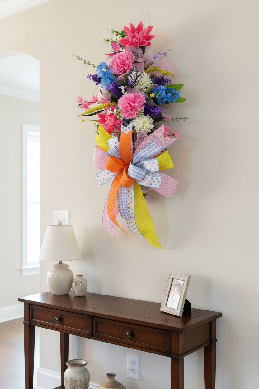 Spring Floral Door Swag | Handmade Easter Door Swag | Colorful Front Door Decor | Butterfly Spring Swag | Pastel Floral Arrangement