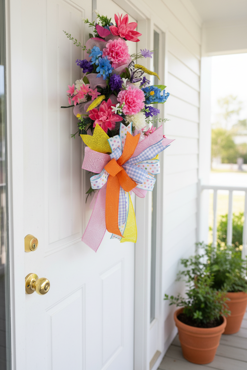 Spring Floral Door Swag | Handmade Easter Door Swag | Colorful Front Door Decor | Butterfly Spring Swag | Pastel Floral Arrangement