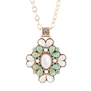 Barcelona Blue Turquoise and Mother of Pearl Golden Statement Necklace