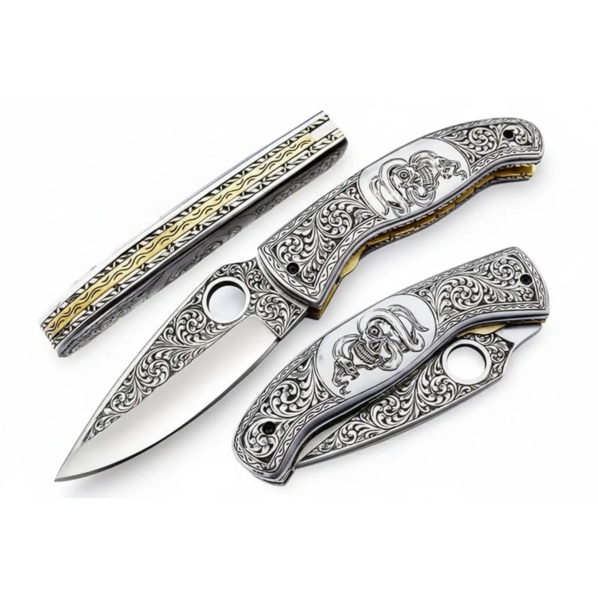 Handmade Damascus Folding Knife, Engraved Bone Handle Pocket Knife, Custom EDC Folder | JW SteelCrafts by JW SteelCrafts, Damascus knife main product photo