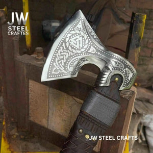 Engraved Norse Valknut Hatchet with Braided Leather Handle