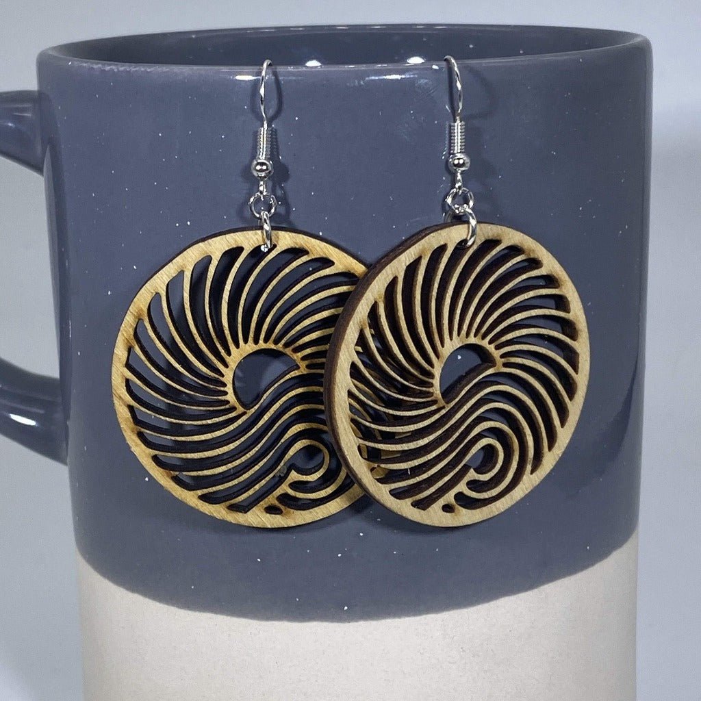 Big Wave Wooden Circle Dangle Earrings | Ocean Surf Jewelry by Cate's Concepts, LLC, handmade jewelry detail photo 2