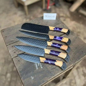 5-Piece Hand-Forged Chef Knives Set – Black Blades, Purple Resin & Olive Wood Handles