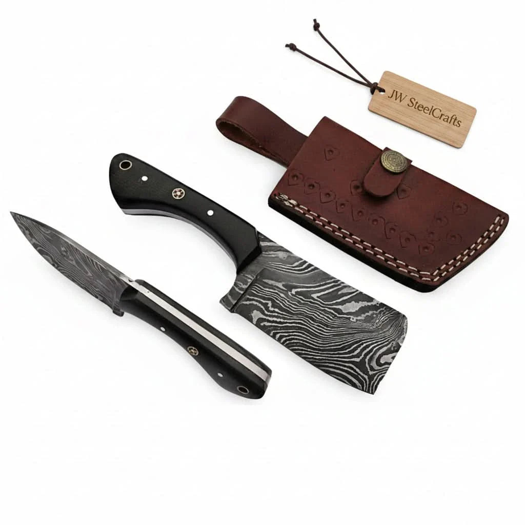 Custom Forged Damascus Mini Butcher Cleaver — Full Tang Black Handle with Leather Sheath by JW SteelCrafts, leather knife sheath detail photo 2